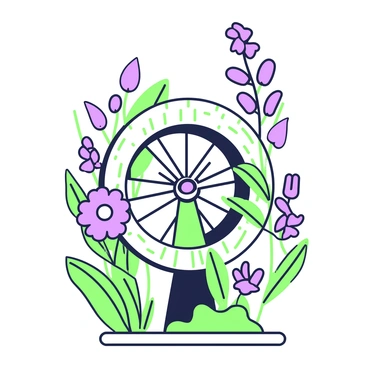 A spinning wheel is positioned at the center of the image, its wooden frame intricately crafted with visible grain patterns. Surrounding the wheel, various flowers and plants are growing, their stems intertwining with the structure. Bright blooms in shades of purple are prominent, with delicate petals catching the light. Lush green leaves sprout from the base, creating a vibrant contrast against the wheel. The scene captures the harmonious blend of nature and craftsmanship, emphasizing the connection between the two elements.