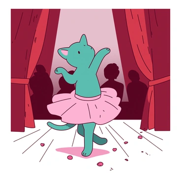 A teal kitten wearing a pink tutu is performing a graceful ballet routine on a wooden stage. The kitten is positioned on its hind legs, with one front paw elegantly raised in the air. The stage has a rich red curtain drawn back, revealing the spotlight shining down on the kitten. There are small pink rose petals scattered around the stage floor, enhancing the delicate atmosphere of the performance. The audience can be seen in shadowy silhouettes, captivated by the kitten's performance.