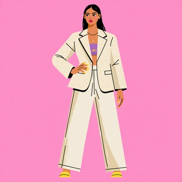 A model with bold makeup showcasing vibrant colors on her eyes and lips stands confidently. She has striking features, with defined cheekbones and a strong jawline. The model is wearing a statement outfit, which consists of an oversized patterned blazer paired with high-waisted trousers. The minimalist background is a solid color, enhancing the focus on the model and her outfit, creating a vivid contrast. The lighting is bright, accentuating the details of her makeup and the textures of her attire.