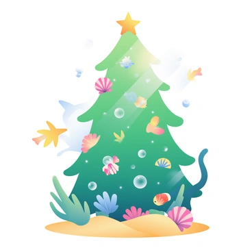A tall Christmas tree made of green seaweed is standing on the sandy ocean floor. The tree is adorned with various colorful seashells and starfish, giving it a unique coastal look. Glimmering bubbles rise around the tree, and small fish swim playfully nearby. Soft rays of sunlight penetrate the water's surface, illuminating the tree and creating a magical underwater atmosphere. Small coral formations can be seen in the background, further enhancing the underwater scene.