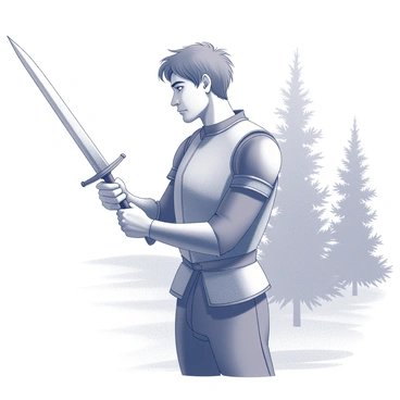 A male figure, dressed in medieval armor, stands with a thoughtful expression. He meticulously examines a sword held in his right hand, the blade glinting in the low angle of the early morning light. His left hand grips the hilt firmly, showcasing intricate details on the weapon. The surrounding environment features soft outlines of trees in the background, which are slightly illuminated by the morning sun. The figure's hair is tousled by a gentle breeze, and there are hints of dew on the grass beneath his feet.