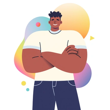 A person with medium skin and short, curly black hair is standing confidently with their arms crossed. They have a bold, confident expression on their face, emphasizing their strong features. The background is filled with vibrant colors, including shades of bright yellow, deep blue, and vivid red that blend together in a soft gradient. The person's outfit is a fitted white shirt and dark jeans. There are abstract shapes in the background, such as circles and triangles, further enhancing the lively atmosphere.