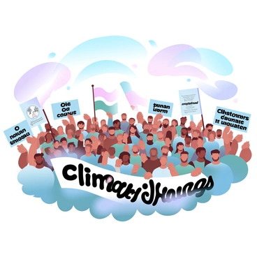 A large crowd of people is gathered, all holding signs and banners with various messages about climate change. The individuals in the crowd are diverse, featuring a mix of ages and ethnic backgrounds. Colorful flags are fluttering in the wind, adding vibrancy to the scene. Each sign displays bold text or illustrations expressing concerns about the environment. The atmosphere is energetic and filled with a sense of purpose. The sky above is a gradient of pastel colors, enhancing the overall visual impact of the scene.
