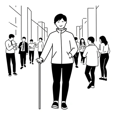 A blind person confidently walking along a crowded city street, using a white cane for navigation. The individual has short hair and is wearing a fitted jacket with a prominent collar. People surrounding them are engaged in various activities, with some looking at their phones and others chatting. The street is lined with tall buildings, and there are pedestrians walking in different directions. The blind person's focus is directed ahead, as they skillfully maneuver through the crowd, showcasing their independence and awareness of their surroundings.