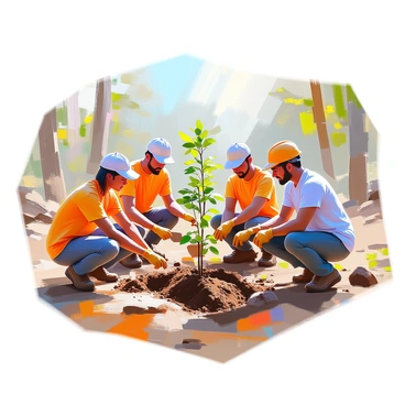A group of volunteers with diverse backgrounds is actively planting saplings in a deforested area. They are wearing work gloves and colorful t-shirts, engaged in various tasks such as digging holes and placing young trees into the soil. The volunteers are surrounded by patches of barren earth, with a few remnants of stumps in the background. Sunlight filters through the trees that are still standing at the edges of the area, casting shadows on the ground. Each volunteer exhibits determination and collaboration, showcasing a sense of purpose in their actions. The scene reflects a vigorous effort to restore the environment, with small green saplings representing new growth amidst the sparse landscape.