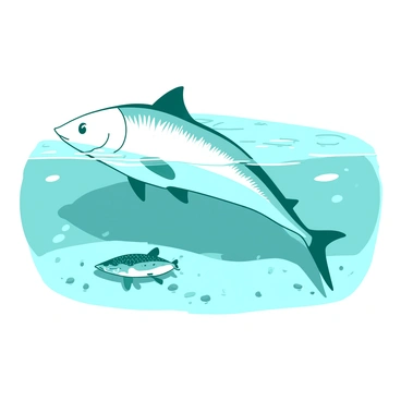 A teal small baby tarpon is swimming close to its larger white parent in a calm inlet. The baby tarpon is positioned just slightly below the surface of the water, with its sleek body glimmering in the sunlight. The parent tarpon is gracefully gliding through the water, showcasing its larger size and shimmering scales. Around them, gentle ripples are forming on the surface of the inlet, reflecting the serene environment. The water is clear, revealing some soft sandy bottom and a few scattered pebbles. The scene captures a moment of connection between the two fish.
