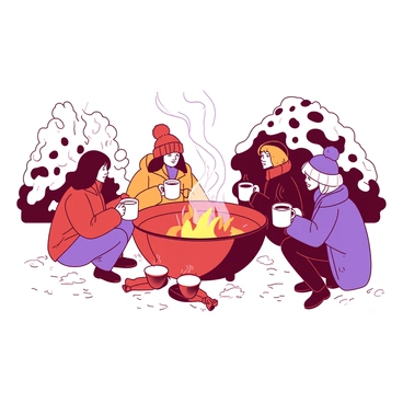 A red fire pit is surrounded by a snowy backyard, with fresh white snow covering the ground and lightly dusting the branches of nearby trees. Several people are gathered around the fire pit, wearing colorful winter gear, including puffy jackets and knitted hats. Each person is holding a white mug filled with hot cocoa, with steam rising gently from the mugs. The fire is crackling and casting a warm glow, contrasting with the cold, snowy environment. In the background, there are snow-covered bushes adding to the winter atmosphere.