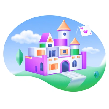 A large mansion constructed entirely of colorful playing cards is perched on a grassy surface. The structure features various rooms, towers, and balconies made from the cards, showcasing intricate designs. A strong breeze is visibly causing the mansion to sway slightly, with some cards fluttering in the wind. The sky above is clear blue, and a few fluffy clouds drift lazily, providing a contrasting backdrop to the card mansion.