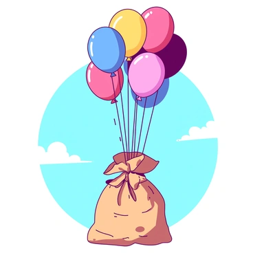 A whimsical sack is tied with vibrant balloons of different colors, floating in a bright blue sky. The sack is textured with a playful pattern, and the balloons are various shapes, creating an eye-catching display. The sunlight casts soft shadows on the sack, emphasizing its round shape. The scene is full of energy, as the balloons sway gently with the wind, adding a sense of movement to the image.