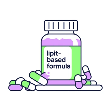 A medicine bottle is centered in the image, prominently displaying a label that reads "lipid-based formula." The bottle is sleek, with a rounded design and a secure cap. Surrounding the bottle are various capsules scattered on a smooth surface. The capsules come in different shapes and sizes, some are elongated while others are more spherical. The scene is well-organized, with the capsules in vibrant colors creating contrast against the clear bottle. A few capsules are partially overlapping to show diversity in the arrangement.