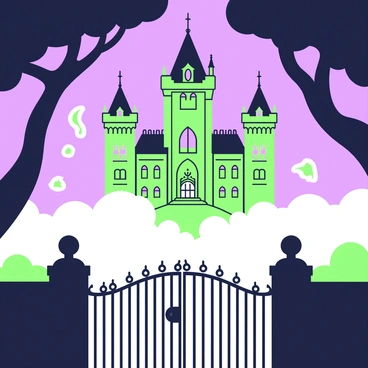 A grand mansion stands tall, its architecture exhibiting intricate details and towering spires. It is shrouded in a dense layer of fog that envelops the lower half of the structure, creating an air of mystery. Glowing symbols are scattered around the mansion, illuminating the fog with an eerie light. These symbols appear to float in the air, each one distinctly shaped and radiating a soft glow. The foreground features a wrought-iron gate, slightly ajar, inviting viewers to explore the secrets hidden within the mansion. Framing the scene are dark, looming trees that seem to reach out toward the mansion, enhancing the overall atmosphere of the image.