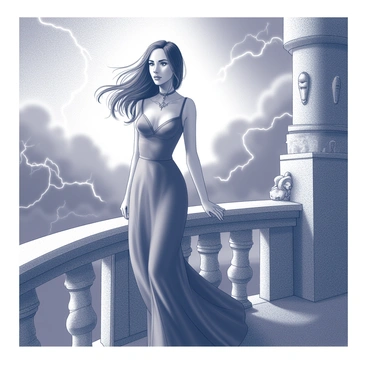 A woman with long, dark hair stands confidently on a castle balcony. She is clad in a long, flowing gown that billows slightly in the wind. Her expression is one of intensity, with piercing eyes gazing out over a stormy landscape. The balcony features intricate stonework, with gargoyles and medieval designs. In the distance, dark clouds swirl ominously, with flashes of lightning illuminating the scene. The wind causes her hair to whip around her face, adding to the dramatic atmosphere of the moment.