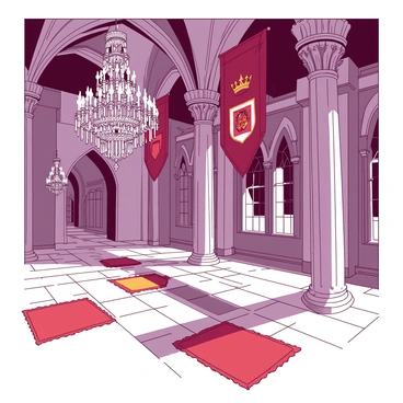 An ornate castle hall is filled with intricate chandeliers that hang from a high vaulted ceiling. The chandeliers are adorned with glimmering crystals reflecting light across the room. Tall, elegant banners display a royal crest in vivid colors, hanging from the walls. The floor is made of polished stone tiles, and there are grand pillars supporting the structure. Richly colored rugs are spread across the floor, adding warmth to the majestic space. Light streams through large arched windows, illuminating the hall with a soft glow.