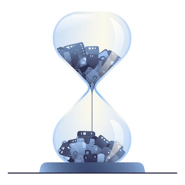 An hourglass sits prominently in the center of the image, its glass chambers filled with tiny film reels instead of sand. The reels are varying shades of black and silver, each adorned with intricate patterns that evoke the essence of classic cinema. The upper chamber is nearly full, while the lower chamber shows a few reels having settled, symbolizing the passage of time. Delicate light shines through the glass, creating soft reflections and shadows on the surface beneath. The hourglass is placed on a dark wooden table, enhancing the contrast with the shiny film reels.