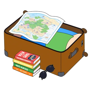 A large, brown suitcase sits open on a wooden floor, filled with neatly folded clothes in various colors. Among the clothes, there is a folded paper map featuring colorful landmarks and routes, prominently placed. Next to it, several travel books with bright covers are stacked, displaying images of famous destinations. A pair of sunglasses rests on the side of the suitcase, and a travel pillow is slightly peeking out from the top. The scene conveys a sense of excitement and readiness for tomorrow's journey.