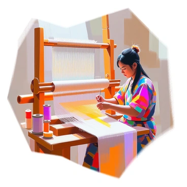 A skilled weaver with medium skin and long dark hair is seated at a traditional loom, carefully crafting delicate silk fabric. She is wearing a colorful, patterned dress that reflects her cultural heritage. The loom is intricately designed, featuring wooden beams and strings of vibrant silk threads in shades of gold, blue, and red. Her hands are deftly maneuvering the threads, creating intricate patterns as the fabric gradually takes shape. Surrounding her are spools of silk in various colors, adding to the craftsmanship atmosphere. Natural light filters in, illuminating the scene and highlighting the textures of the fabric and the loom.