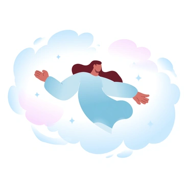 A character in a flowing garment is floating gently among fluffy white clouds in a pastel-colored landscape. The sky is filled with delicate stars that twinkle softly against a gradient background of light blues and pinks. The character's arms are outstretched, surrounded by wispy clouds that blend into the serene environment. The entire scene conveys a sense of tranquility and freedom, allowing the viewer to feel the essence of escape from anxious thoughts.