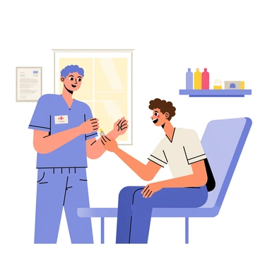 A nurse wearing blue scrubs and a name tag is administering a vaccine to a smiling patient sitting on an examination table. The patient has short brown hair and is wearing a light-colored t-shirt, looking relieved and happy. The clinic setting features white walls, a medical chart on the wall, and a small shelf with medical supplies. A window lets in warm light, creating a bright atmosphere in the room. The nurse is gently holding the patient's arm while preparing to give the injection with a syringe.