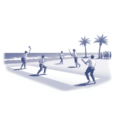 A sandy beach scene with several players engaged in a cricket game. The players are barefoot, with a variety of stances and movements as they field, bat, and run. One player is in the act of bowling, while another prepares to hit the ball with a cricket bat. In the background, gentle waves roll onto the shore, and a few palm trees sway slightly in the breeze. The sun is high in the sky, casting defined shadows on the sand. A small group of spectators is gathered nearby, watching the game with interest.