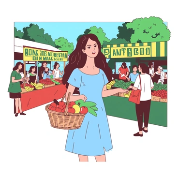 A woman with long brown hair is standing in front of a colorful display of fresh produce at a bustling farmers' market. She is wearing a light blue dress and holding a wicker basket filled with various fruits and vegetables. Around her, there are other shoppers interacting with vendors, creating a lively atmosphere. Stalls decorated with green and yellow banners showcase a variety of fruits, such as red apples, yellow bananas, and green cucumbers. The scene is filled with vibrant colors and the background features trees and a clear blue sky.
