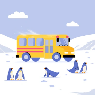 A colorful school bus with magical sparkles is traveling across a vast icy landscape. The ground is covered in thick, white snow with patches of shining ice. In the foreground, several playful penguins waddle around, some sliding on their bellies while others stand in small groups. Nearby, a few curious seals are lounging on the ice, looking up at the bus with interest. The sky above is a clear blue, providing a striking contrast to the white landscape below. Fluffy white clouds drift lazily in the distance.