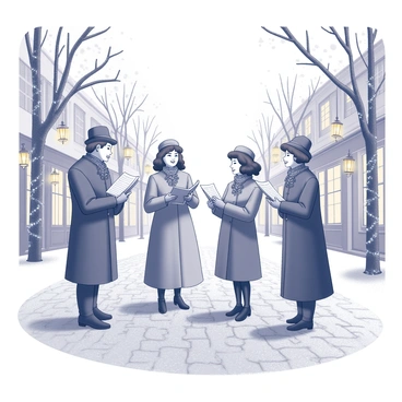 A group of four carolers, dressed in Victorian-style clothing, stands in the center of a snow-covered town square. Each caroler is wearing an elegant coat, with intricate patterns and accessories such as scarves and hats. The first caroler holds a sheet of music, while the others appear to be singing joyfully together. Snowflakes gently fall around them, landing on the cobblestone ground and the surrounding buildings, which are adorned with garlands and string lights. Tall, leafless trees line the square, and the soft glow of lanterns illuminates the scene, creating a warm atmosphere amidst the winter chill.