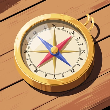 A close-up of an old nautical compass with a weathered brass casing and a glass cover, reflecting light. The compass needle points firmly to the north, surrounded by intricate engravings on the compass face. The compass is positioned on a textured wooden deck, showcasing the grain and knots of the wood, with some salt stains visible. Soft shadows are cast on the surface, enhancing the details of the compass and the deck beneath it.