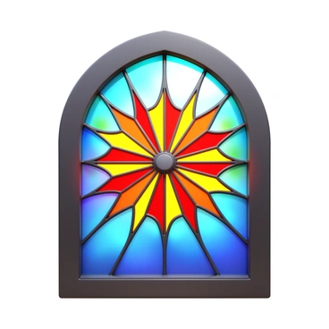 A stained glass window depicting a radiant sunburst, casting colorful reflections
