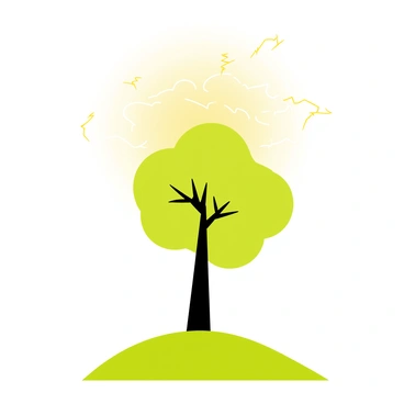 A tall, solitary tree standing on a green hill. The tree has a wide, spreading canopy with detailed branches. Above the tree, a bright sky filled with dynamic, zigzagging lightning bolts illuminates the scene. Dark clouds surround the lightning, creating a dramatic contrast against the light. The hill slopes gently, covered in lush grass, enhancing the prominence of the tree against the vibrant sky.