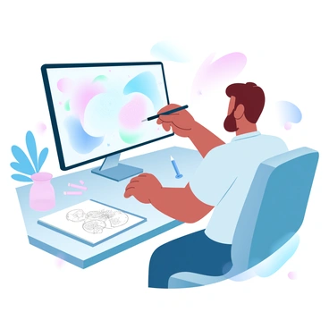 An artist is seated at a modern computer workstation, intently focused on creating a digital illustration. The workstation features a large, high-resolution screen displaying vibrant colors and intricate designs. Various art tools and a graphics tablet are spread out on the desk, alongside a sketchbook filled with initial drawings. The artist's hand is poised above the tablet, in the midst of adding details to the artwork. The surrounding area is decorated with plants and art supplies, enhancing the creative environment. A soft light illuminates the space, creating a pleasant atmosphere for artistic expression.