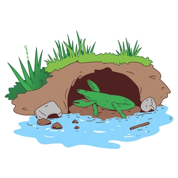 A teal crawfish is busy constructing its burrow at the muddy banks of a river. The crawfish is using its claws to dig through the damp brown mud, sending small clumps of soil flying. Surrounding the burrow are patches of green grass and reeds, swaying gently in the breeze. The river flows gently nearby, with ripples reflecting the sunlight. Small stones and twigs are scattered around the entrance of the burrow, adding to the natural environment.