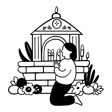 An individual kneeling in front of an intricately decorated altar, surrounded by various offerings such as fruits and flowers. The altar features detailed carvings and symbols representing different ancestors. Candles are lit and arranged neatly on the altar, creating a sense of reverence. The individual is holding their hands together in a prayerful gesture, with their head slightly bowed in respect. A serene atmosphere is conveyed through the composition of the scene.