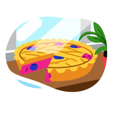 A freshly baked berry pie cooling on a wooden windowsill. The pie features a golden brown crust with a lattice design on top. A slice has been cut out, showcasing a vibrant filling of mixed berries, including blueberries, raspberries, and blackberries. The filling glistens with a glossy sheen and spills slightly from the cut edge. Sunlight streams through the window, illuminating the pie and casting soft shadows on the sill. Green leaves from a nearby potted plant add a touch of nature to the scene.