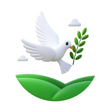 A white dove with detailed feathers is carrying an olive branch in its beak. The dove is in mid-flight, its wings spread wide as it soars gracefully above a calm field. The field is lush and green, with gentle undulations in the landscape. The sky above is clear, with a few soft clouds. The olive branch is vibrant with rich green leaves, contrasting against the white plumage of the dove.