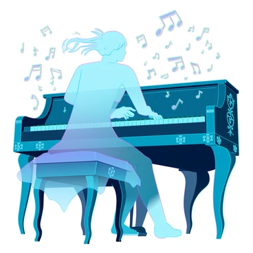 A ghostly figure with translucent skin and wispy hair is seated at an ornate, vintage piano. The figure's fingers glide over the keys, producing ethereal notes that shimmer in the air. Surrounding the figure, glowing musical notes float softly, twinkling as if caught in a gentle breeze. The piano is adorned with intricate carvings, and the setting appears dimly lit, enhancing the spectral atmosphere of the scene.