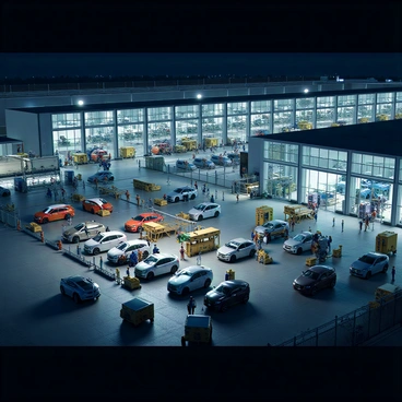 A large car factory illuminated at night, showcasing a sprawling building with multiple sections. The exterior of the factory features large glass windows, allowing a view of the interior. Inside, various car models are in different stages of assembly, with workers in safety gear actively engaged in production. Bright overhead lights illuminate the factory floor, casting stark shadows. Machinery and robotic arms are visible, working diligently to assemble parts and components. The sky outside is dark, emphasizing the bright glow of the factory lights creating a bustling atmosphere.