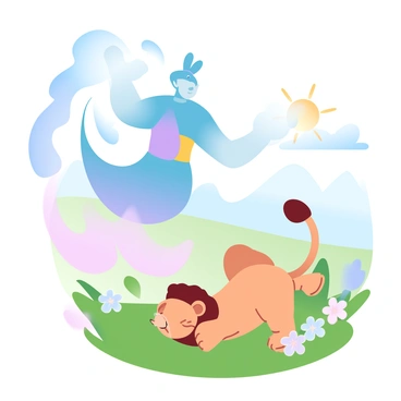 A genie with swirling, colorful smoke surrounding him is playfully interacting with a lion cub in a sunny meadow. The genie has a vibrant blue and purple outfit with golden accents, floating above the ground. The lion cub is fluffy with a light golden coat, rolling over playfully on the soft green grass. The meadow is filled with blooming wildflowers in various pastel colors, and the sun casts a warm, gentle light over the scene, enhancing the cheerful atmosphere. In the background, there are distant hills under a clear blue sky.