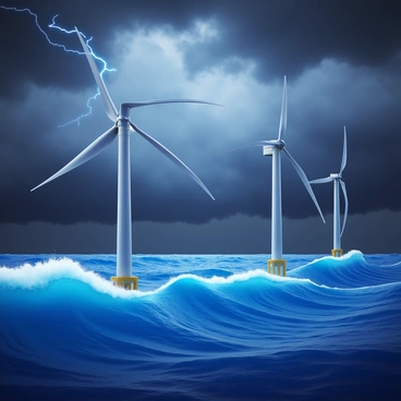 A dramatic scene featuring tidal turbines with sleek, metallic structures standing firmly against turbulent stormy seas. The water is choppy with high waves crashing against the bases of the turbines. Dark, ominous clouds fill the sky, casting shadows on the ocean surface. The turbines exhibit a sense of resilience, with their blades turning swiftly despite the fierce winds. Lightning illuminates the scene, highlighting the contrast between the powerful machinery and the chaotic natural elements around them.
