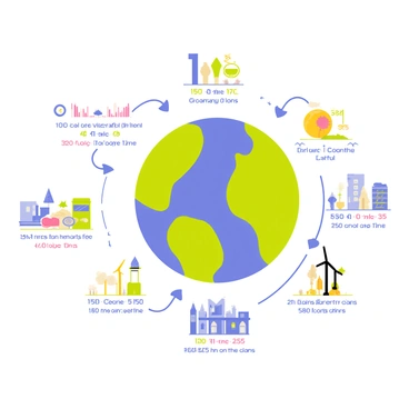 A colorful infographic featuring a variety of key climate change facts and figures. The illustration includes a large globe in the center with green and blue colors representing land and sea. Surrounding the globe are vibrant icons depicting rising temperatures, melting ice caps, and renewable energy sources like wind turbines and solar panels. Each fact is represented with bold numbers and engaging visuals, such as graphs showing temperature changes over time. The overall layout is dynamic, with arrows and lines connecting different elements, making the information easily digestible.
