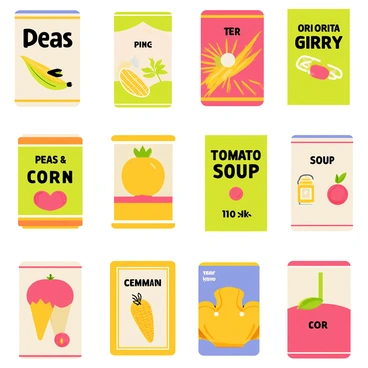 A collection of vintage canned food labels from the 1950s displayed in a colorful pattern. Each label features distinct, bright designs with retro typography and illustrations. The labels include items such as "Peas," "Corn," and "Tomato Soup," each with a unique color scheme, like vibrant greens, yellows, and reds. The labels are arranged in a grid layout, showcasing the variety of styles and artwork typical of that era, with some labels having playful graphics of the food items.