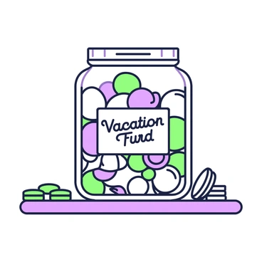 A glass jar sits on a wooden table, prominently displaying a label that reads "Vacation Fund." The jar is filled to the brim with an assortment of coins, reflecting light in various angles. Some coins are shiny, while others have a duller finish, creating a varied texture. The label on the jar is neatly printed, with clear and bold lettering. In the background, a few scattered coins lie around, adding to the theme of saving for a trip.