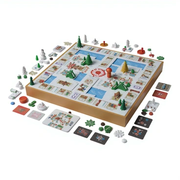 A holiday-themed Monopoly game set on a beautifully detailed game board. The board features a snowy winter landscape with properties decorated for the holidays. Each property square displays vibrant illustrations of festive scenes, such as a cozy cabin with twinkling lights, an ice skating rink, and a decorated Christmas tree. The game pieces are designed as miniature holiday items, including a snowman, a reindeer, and a wrapped gift. The Chance and Community Chest cards are adorned with holiday motifs. Surrounding the game board are various festive decorations, including garlands, snowflakes, and colorful ornaments.