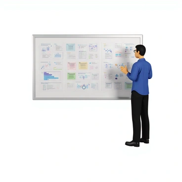 A whiteboard filled with intricate diagrams, charts, and strategic plans written in various colors. The diagrams include flowcharts, graphs, and bullet points that illustrate complex ideas. In front of the whiteboard stands a person with short black hair and glasses, wearing a blue button-up shirt. They are gesturing towards the whiteboard with one hand, while the other hand holds a marker. The person appears focused and engaged in explaining the content displayed on the whiteboard.