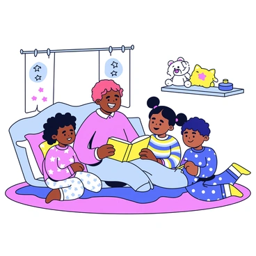 A parent sits on a soft, colorful rug in a cozy bedroom, reading a bedtime story. The parent is smiling and holding an open book. Around them are three children of different ethnicities, engaged and listening closely. One child has curly hair and wears pajamas with stars, another has straight black hair and is in striped pajamas, while the third has braided hair and is dressed in polka-dotted pajamas. The walls of the room are adorned with cheerful artwork, and a small night lamp emits a warm glow. A stuffed animal is placed nearby, adding to the cozy atmosphere.
