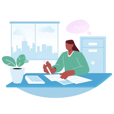 A person is sitting at a bank desk, holding a pen and signing a personal loan agreement. The desk is organized with a stack of loan documents and a calculator. A decorative potted plant is on the side of the desk. The background features a window with a view of a city skyline, and there is a secure-looking filing cabinet nearby. The lighting is bright, highlighting the professionalism of the bank environment.