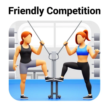 Two friends performing cable kickbacks in a gym setting. One friend is standing on the left, wearing a black tank top and gray shorts, while the other is on the right, dressed in a blue sports bra and black leggings. Both friends are focused and determined, each pulling the cable attached to the machine with one leg extended back. The gym is well-lit, featuring various workout equipment in the background, including weights and benches. "Friendly Competition" is written in bold text above them.