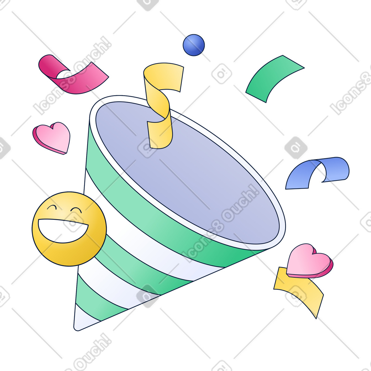 Ilustración Celebration with happy emoji confetti popper and flying streamers en estilo Neat a descargar en PNG y SVG