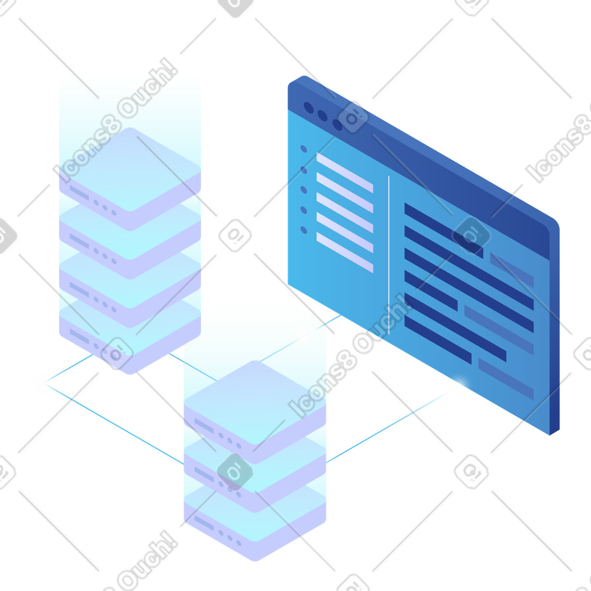 Connected server stacks and control panel, scalable web hosting infrastructure technology illustration in Quantum style download in PNG, SVG