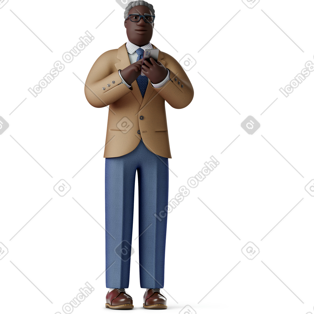 Ilustración Viejo hombre de negocios pie con teléfono y mirando a un lado en estilo 3D Business descargar en PNG SVG