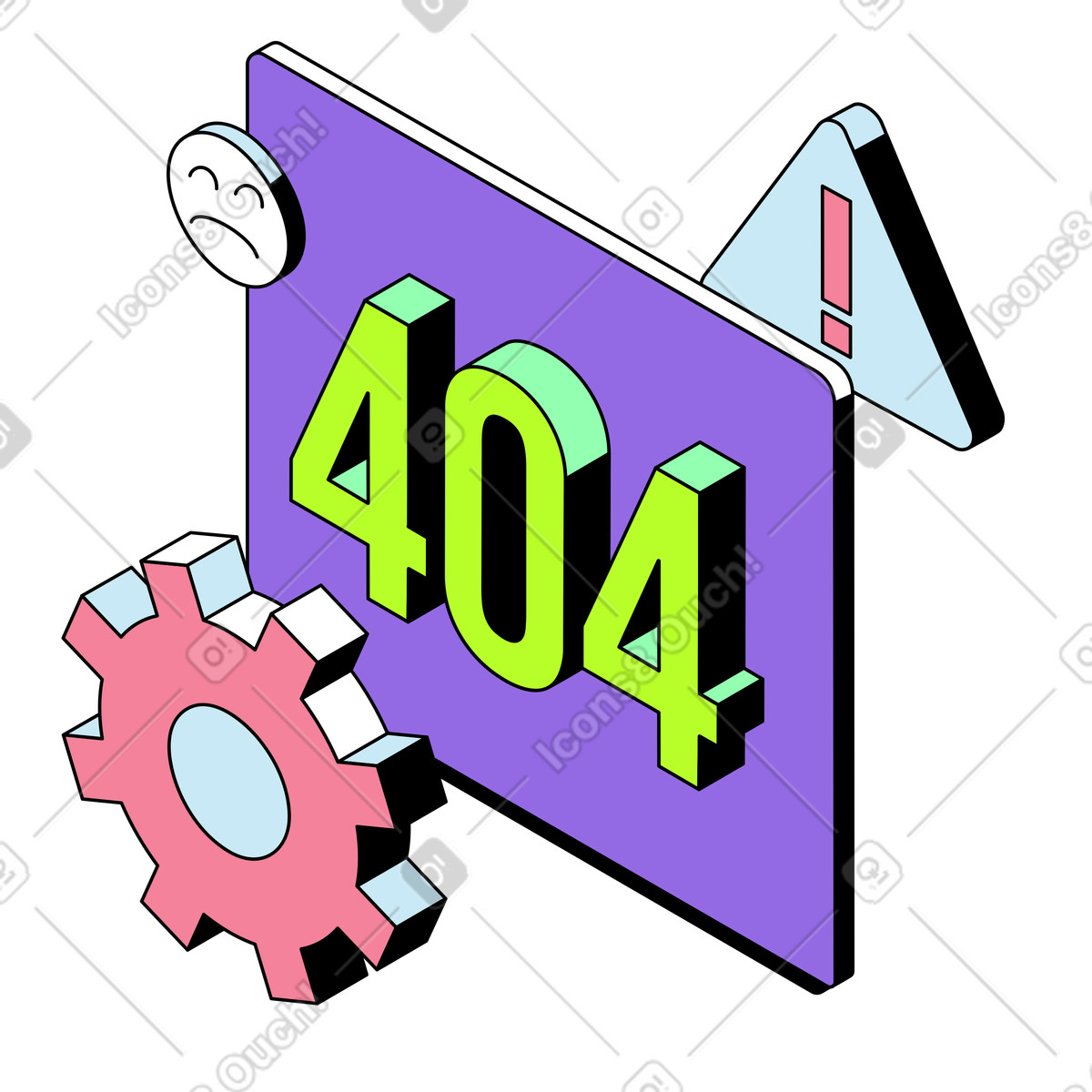 404 error code with gear and warning sign illustration in Project style download in PNG, SVG